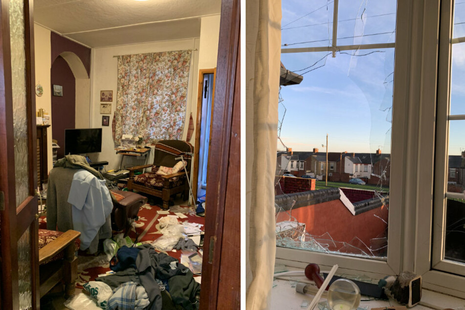Chaos, wohin das Auge blickt! Auch die Fensterscheibe wurde eingeschlagen (r).