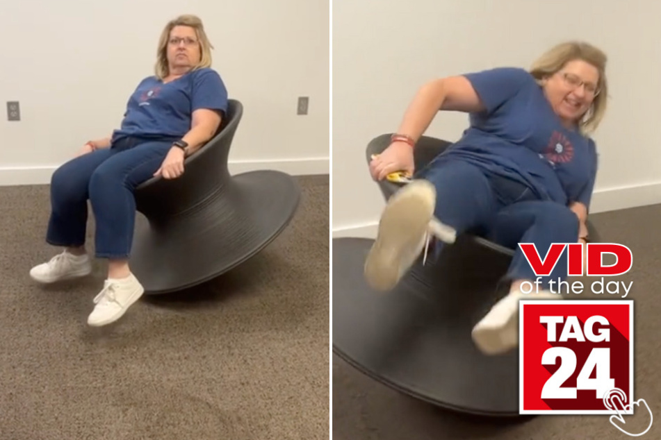 Today's Viral Video of the Day features a woman who hilariously falls off of a spinning chair.