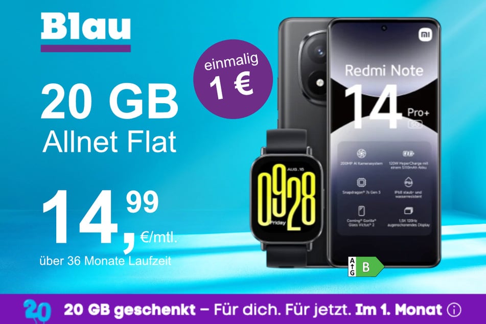 Das Xiaomi Redmi Note 14 Pro Plus + Watch 5 Active im Blau Allnet M für einmalig 1 Euro.