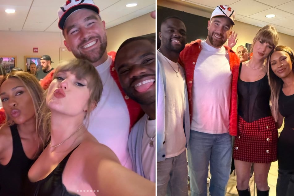 Taylor Swift and Travis Kelce celebrate with tennis star Frances Tiafoe after Chiefs win