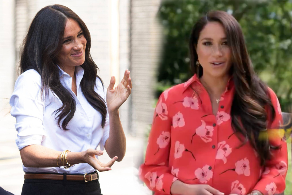 Meghan Markle is an advocate for empowering women economically. Pictured left in 2019 at the release of her clothing line of work wear that donates proceeds to job-searching women and right during her #VaxLive speech.