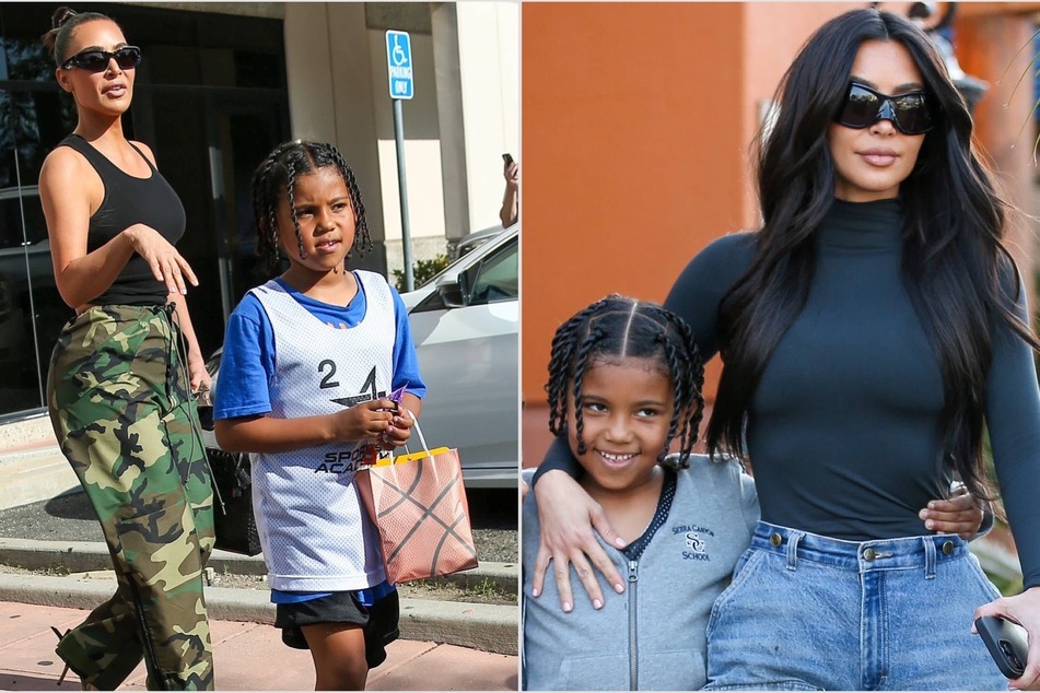 Kim Kardashian (r.) went into mom mode after her son Saint West's rude hand gesture.