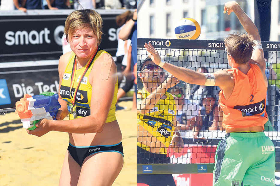 Ex-DSCerin Melanie Gernert: Wasserpistole statt Sektdusche (li.). David Poniewaz (r.) im Finale gegen Clemens Wickler in Aktion. (re.)