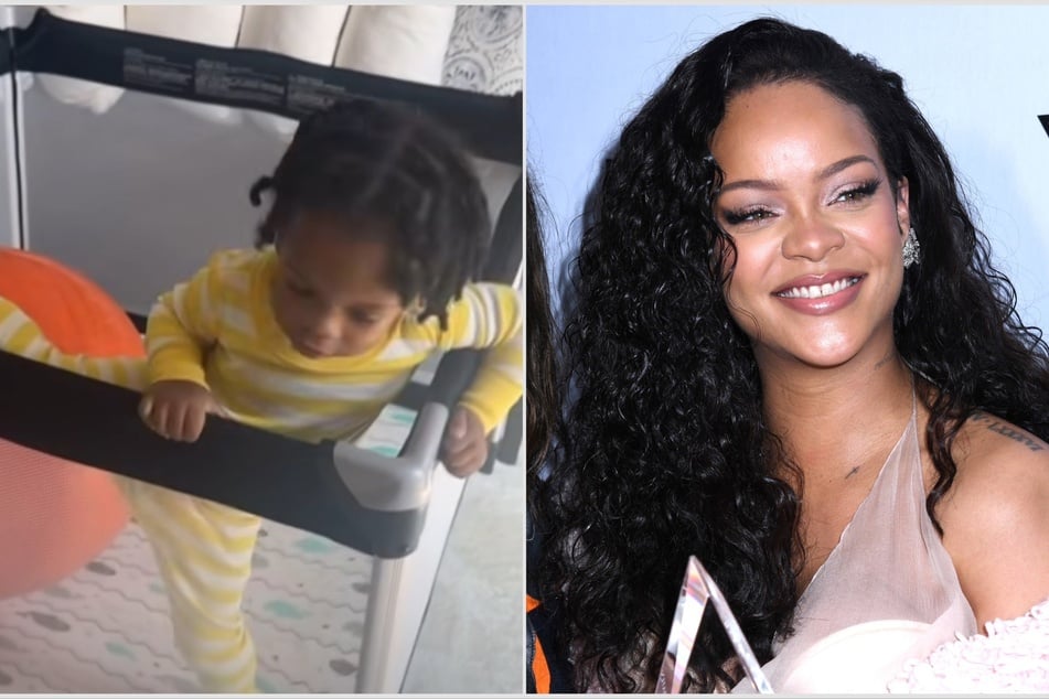 Rihanna hilariously filmed her son RZA (l.) attempting to climb out of his playpen.