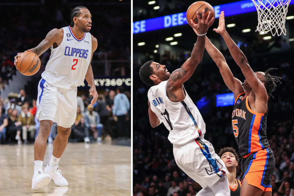 Left: LA Clippers forward Kawhi Leonard dribbles against the Atlanta Hawks in the second half at State Farm Arena. Right: Brooklyn Nets guard Kyrie Irving goes up against New York Knicks guard Immanuel Quickley for a layup in the fourth quarter at Barclays Center.