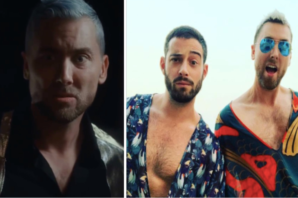 Lance Bass showed off his comedic acting chops in his horror movie parody birth announcement on TikTok (l.). The couple (r.) is expecting twins this November.