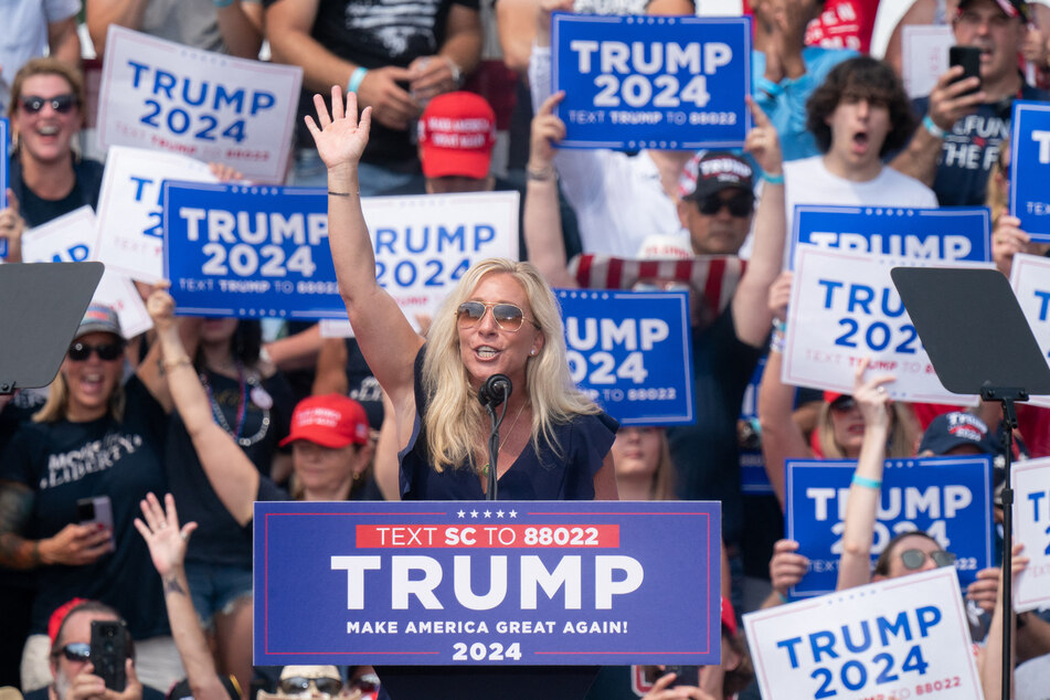 Rep. Marjorie Taylor Greene speaking to the crowd during a campaign event for former President Donald Trump in Pickens, South Carolina on July 1, 2023.