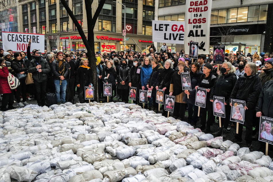 Activists gathered in New York City on Thursday in front of 500 baby dolls wrapped in white cloth, in remembrance of children killed in the Gaza Strip amid Israel's war with Hamas.