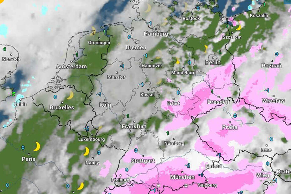 Die Karte von Wetteronline zeigt: Auch am heutigen Donnerstag wird in weiten Teilen Deutschlands Schnee erwartet.