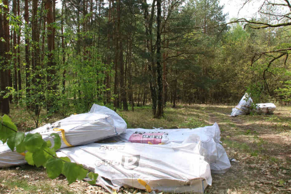 Mehrere Tonnen Asbestmüll wurden in Plastiktüten und planen in einem öffentlichen Waldstück entsorgt.