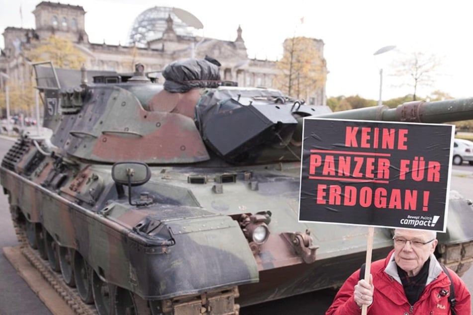 Die Aktivisten von Campact fordern, dass der Bau einer deutschen Panzerfabrik in der Türkei gestoppt wird.