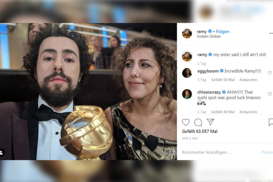 So zeigte sich der Schauspieler Ramy Youssef mit dem Golden Globe und seiner Schwester auf Instagram.