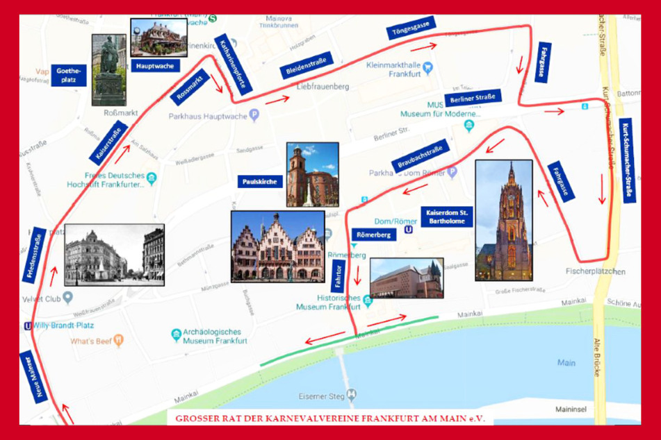 Diese Grafik zeigt den geplanten Verlauf des großen Fastnachtszugs durch die Frankfurter Innenstadt.