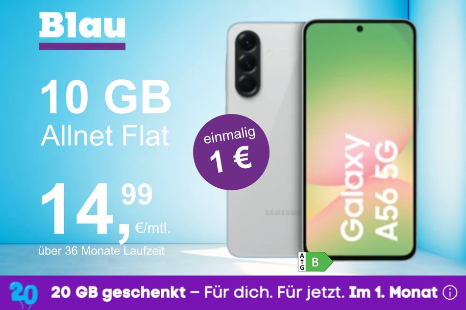 Das Samsung Galaxy A56 5G im Blau Allnet S für einmalig 1 Euro.