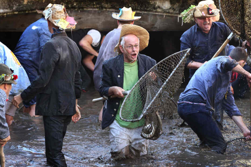 Ein Teilnehmer des Fischertages freut sich im Stadtbach über seinen Fang.