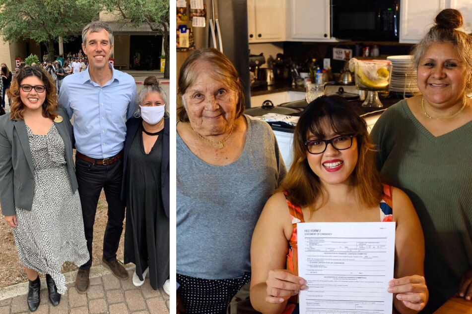 Left: Claudia Zapata (l.) poses with Democratic gubernatorial candidate Beto O'Rourke and her mother. Right: Zapata (c.) smiles alongside her mother (r.) and grandmother, whom she credits with inspiring her journey to represent Texas' 21st Congressional district.