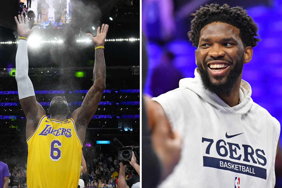 Philadelphia 76ers center Joel Embiid (r.) was named to the All-NBA First Team for the first time, while Los Angeles Lakers star LeBron James set a new selection record.