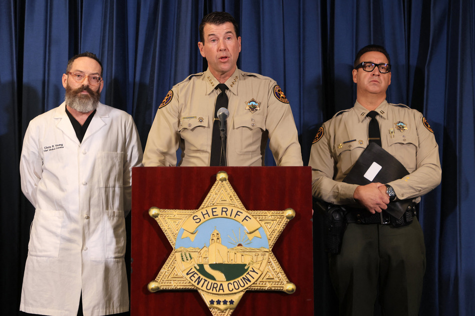 Ventura County Chief Medical Examinber Chris Young (l.) and Sheriff James Fryhoff (c.) spoke during a press conference in Thousand Oaks, California, on Tuesday about the death of Paul Kessler, a Jewish man, who died after an altercation at clashing pro-Israel and pro-Palestinian rallies.