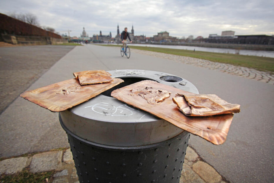 Bronzeabgüsse von Papptellern? Bei Fußgängern am Elbufer werden die Abfall-Kunstwerke sicher einige Fragen aufwerfen.