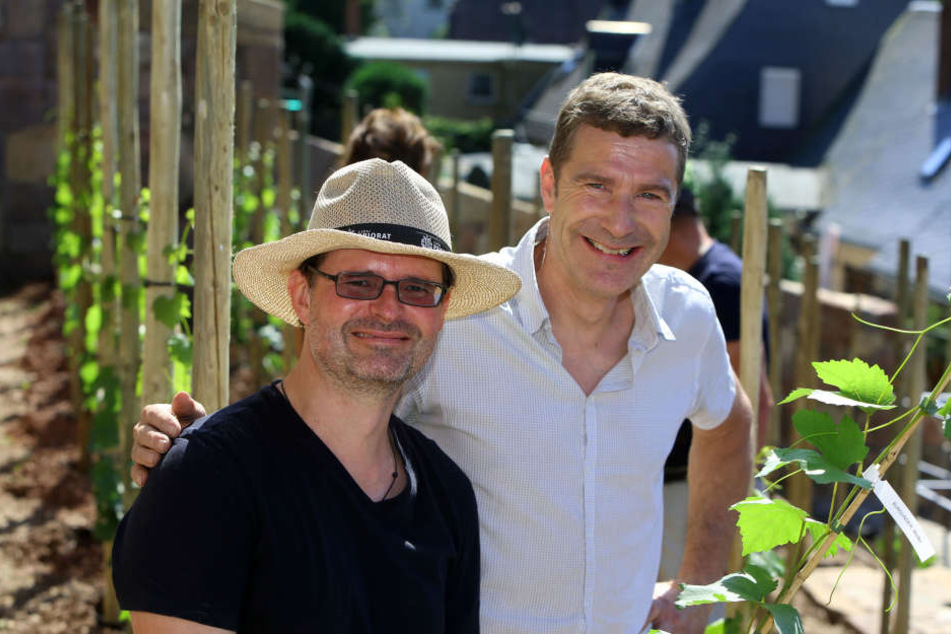 Janek Schumann (47) und Martin Schwarz (54) wollen am Fuß von Schloss Lichtenstein Wein anbauen. 