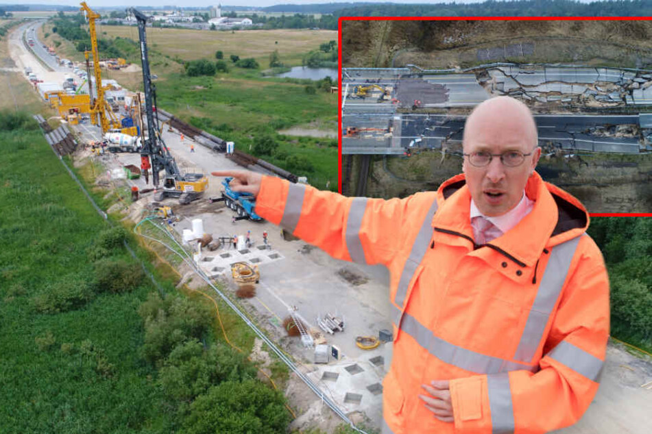 Verkehrsminister Pegel erklärt vor Ort die künftigen Arbeitsschritte für den Bau der Behelfsbrücke. (Bildmontage)