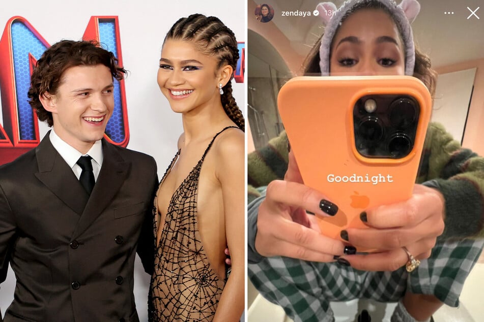 Fans are buzzing after Zendaya posted a snap (r.) featuring a massive diamond ring on her finger, wondering if it was an engagement ring from Tom Holland (l.).
