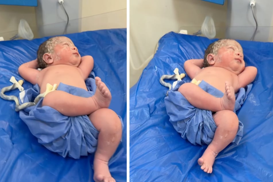 Dieses Baby begeistert mit seiner entspannten Pose kurz nach seiner Geburt im Netz Tausende User.