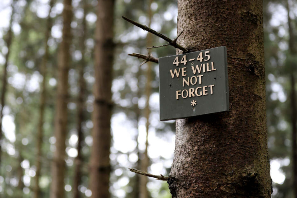 Ein Schild mit der Aufschrift "44-45, we will not Forget" hängt am Ochsenkopf im Wald.