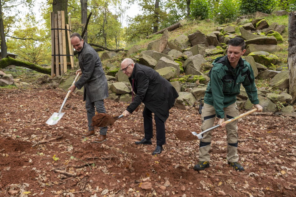 Thomas Paarmann (54, v.l.n.r.) von den Tierparkfreunden, OB Sven Schulze (49, SPD) und Tierpfleger-Chef Kevin Rüffer (32, v.l.) setzten den ersten Spatenstich für die neue Anlage.
