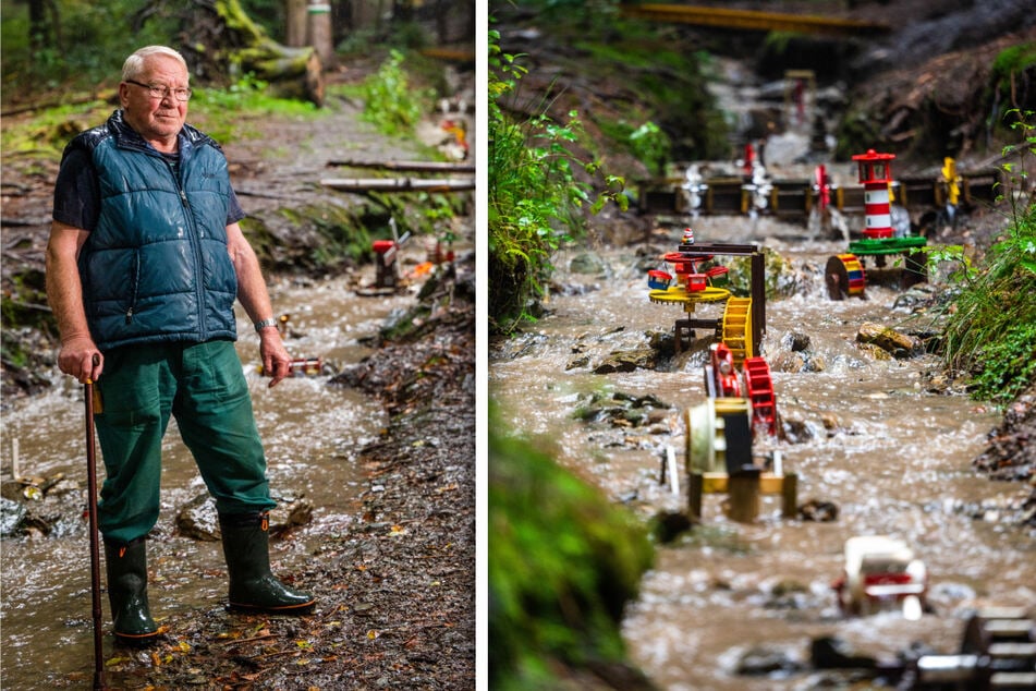 Michael Hillig (77) aus Kleinolbersdorf hat sich jahrelang um die Wasserräder im Sternmühlental gekümmert. Nun ist sein Nachfolger am Zug. Mehr als 40 Wasserräder drehen sich zwischen Frühjahr und Herbst im Haselbach.
