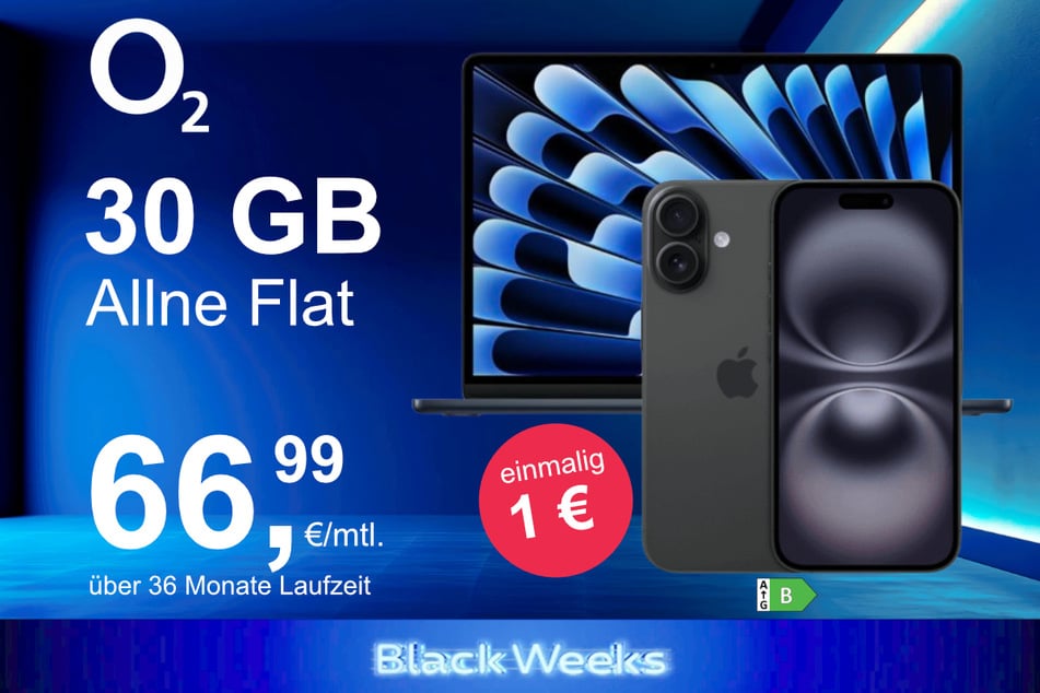 Das iPhone 16 + MacBook Air 13 im o2 Mobile M für einmalig 1 Euro.