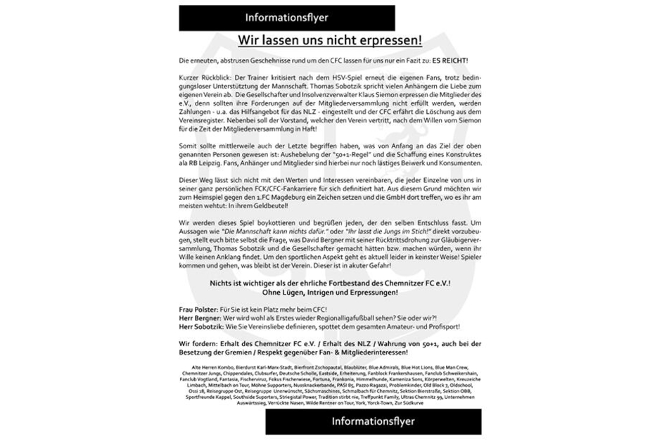 Mit diesem Flyer rufen die Fanclubs zum Boykott auf.