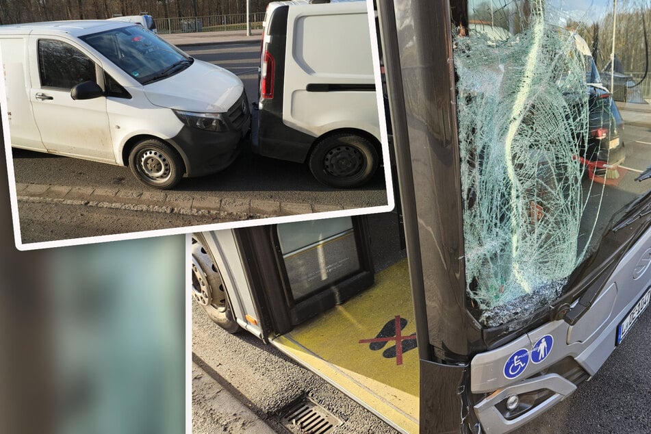 Crash auf dem Schleußiger Weg: Linienbus und Transporter krachen ineinander