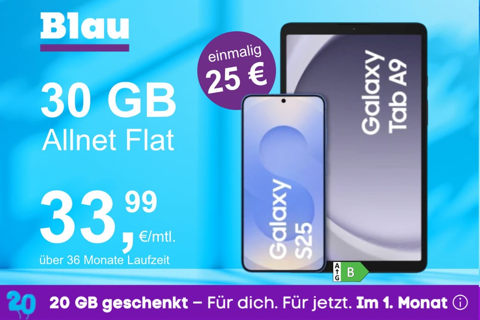 Das Samsung Galaxy S25 + Galaxy Tab A9 im Blau Allnet L für einmalig 25 Euro.