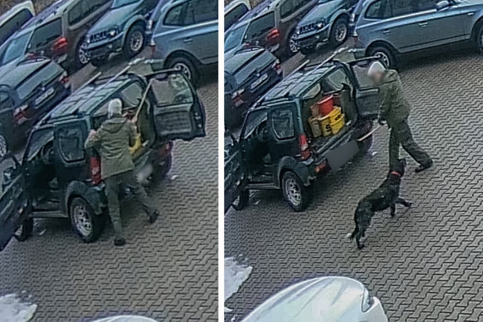 Záběry z bezpečnostní kamery ukazují muže s holí na parkovišti dílny.