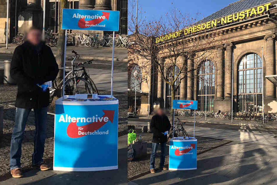 Der Stand der AfD vor dem Bahnhof Neustadt.