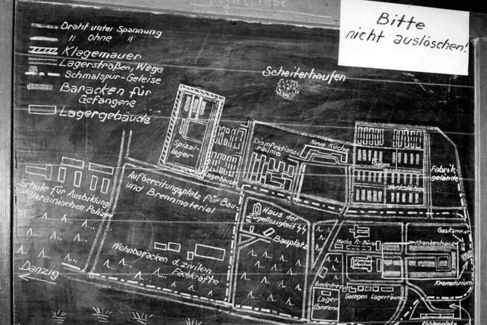 Der mit Kreide gezeichnete Plan des Konzentrationslagers Stutthof aus dem Jahr 1955 stammt aus Prozess gegen den ehemaligen Lagerkommandanten. (Archivbild)