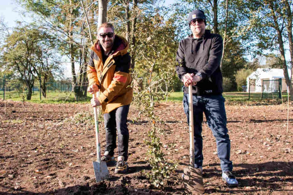 Sasha (links) und Smudo stehen im "Fame Forest" an einem zuvor gepflanzten Baum.