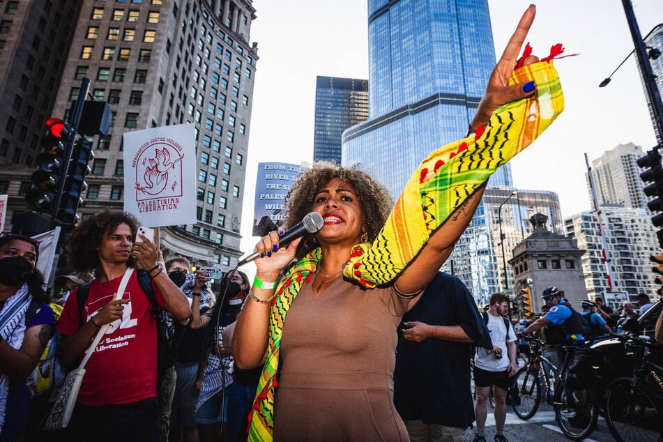 Party for Socialism and Liberation presidential candidate Claudia De la Cruz takes part in a Gaza solidarity march and rally outside the 2024 Democratic National Convention in Chicago, Illinois.