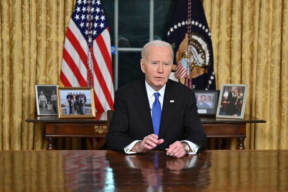 US President Joe Biden delivers his farewell address to the nation from the Oval Office of the White House in Washington, DC, on Wednesday.