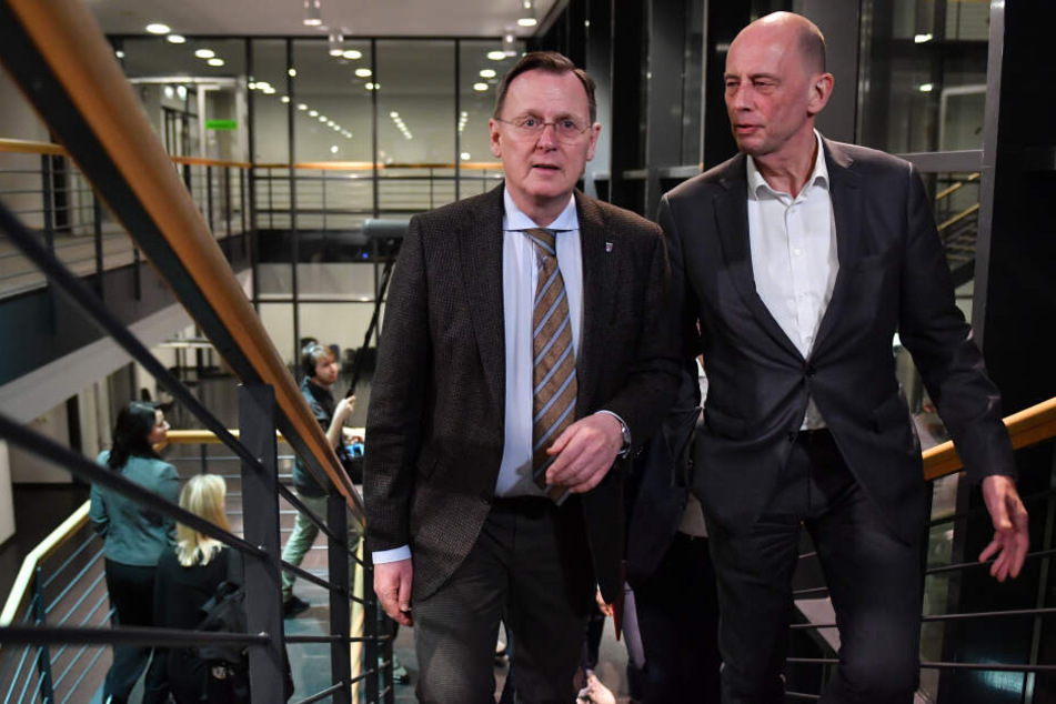 Bodo Ramelow (Linke) und Wolfgang Tiefensee (SPD) auf dem Weg zu erneuten Gespräche zwischen den Parteien am Dienstag.