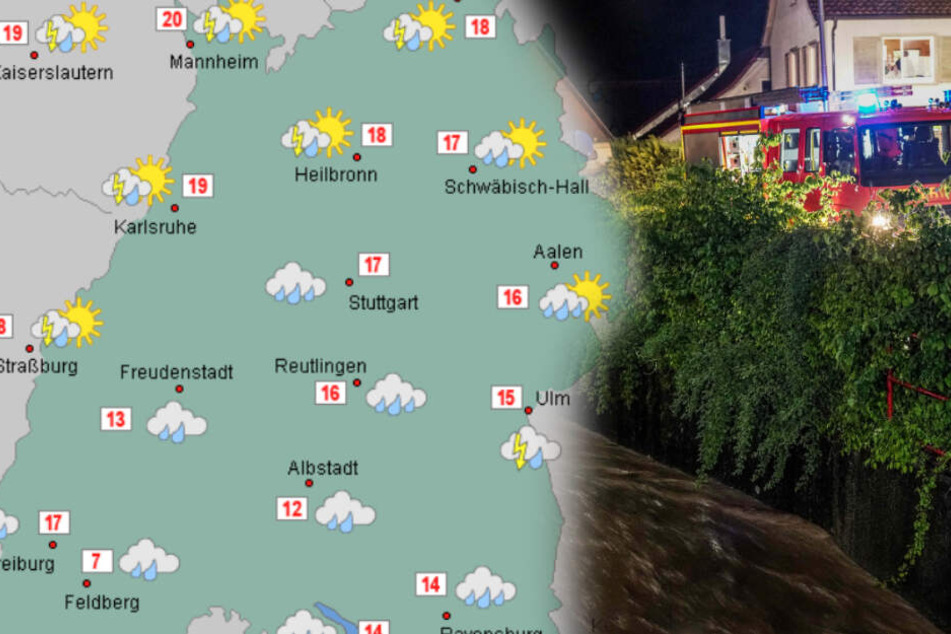 Im baden-württembergischen Uhingen-Nassach kam es bereits zu Feuerwehreinsätzen: Ein Bach lief über. (Fotomontage)
