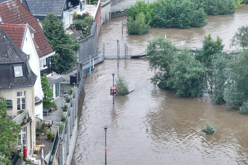 Das Wasser des Rheins steht hoch und nahe am Ufer bei den Häusern, die durch Spundwände und Mauern gesichert sind.