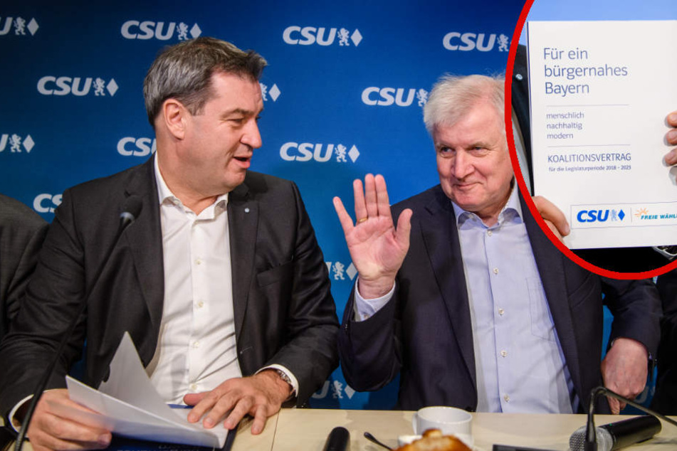 Markus Söder (l) und Horst Seehofer sind offenbar zufrieden mit den Ergebnissen der Koalitionsverhandlungen. (Bildmontage)