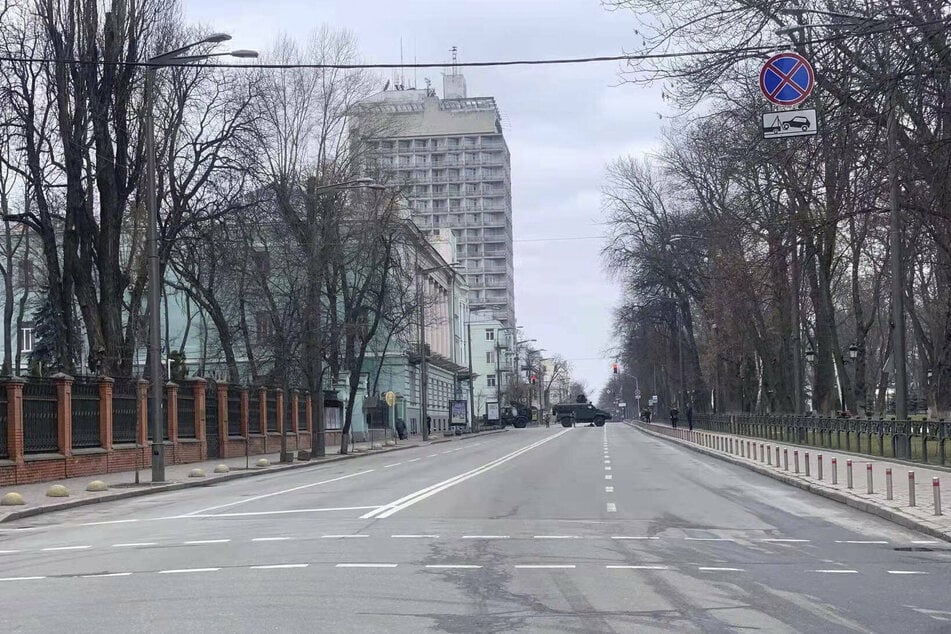 An empty street in Kyiv, where Ukrainian forces are fighting off invading Russian troops.