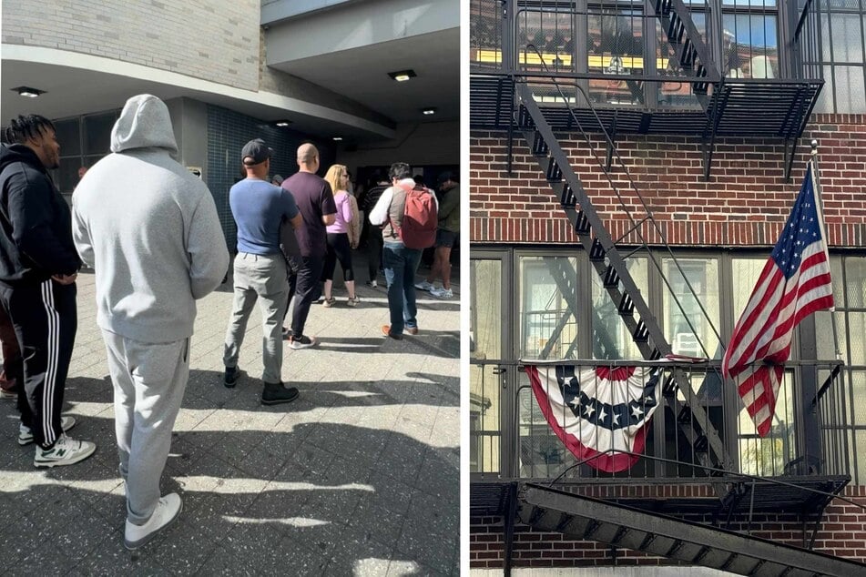 A patriotic fire escape directly across from a local polling station in New York, New York, where eager voters waited in line to cast their vote.