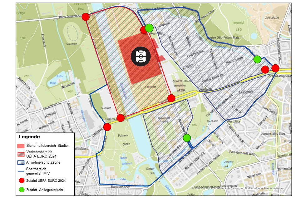 Visualisierung der Sperrzonen während der EM-Spieltage in Leipzig.