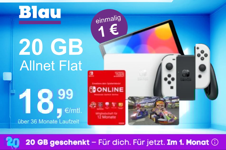 Die Nintendo Switch OLED + Mario Kart 8 im Blau Allnet M inkl. 20 GB für einmalig nur 1 Euro.