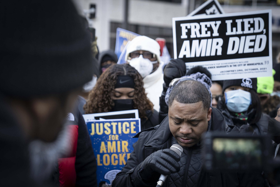 Andre Locke, the father of Amir Locke, speaks to a crowd of more than 1,000 protesters outside the Hennepin County Government Center in Minneapolis on Saturday.