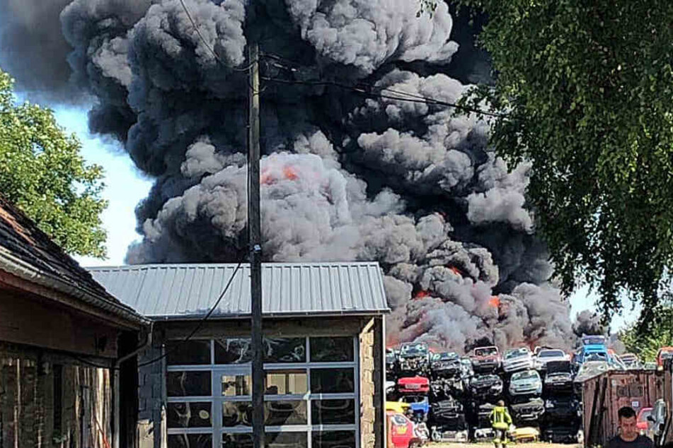 Der Schrottplatz bei Stralsund steht in Brand.